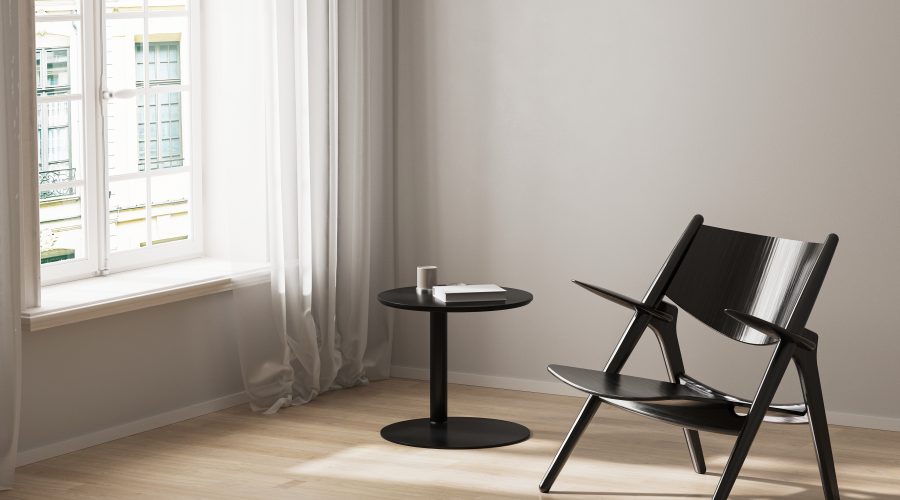 Black chair and coffee table near window with curtains, white wall, wooden floor, 3d render
